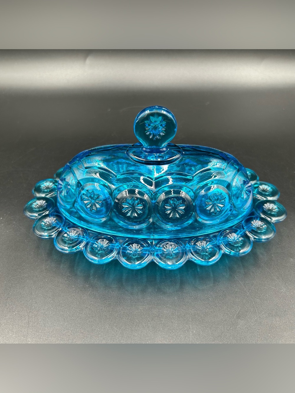 LE Smith Moon & Stars Blue Glass Covered Butter Dish Oval Excellent Vintage
